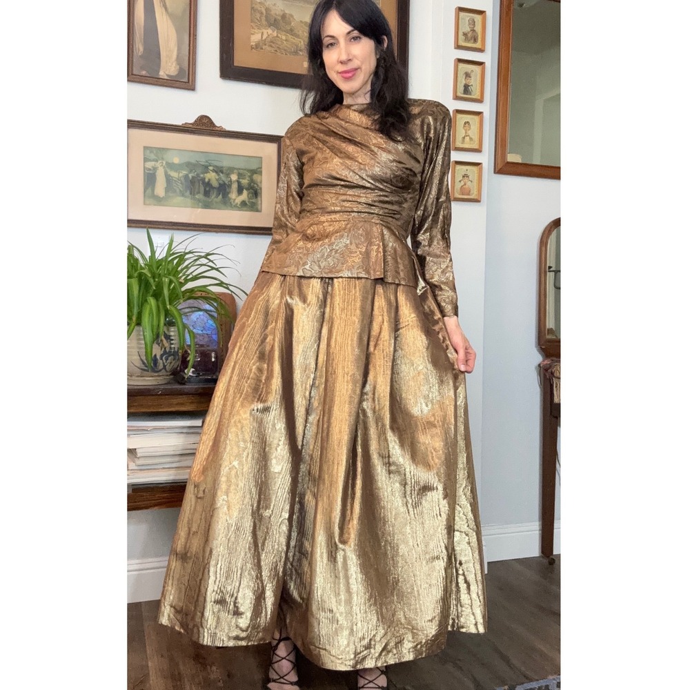 Carolyne Roehm vintage designer 2 piece skirt and top bronze/gold jacquard dress